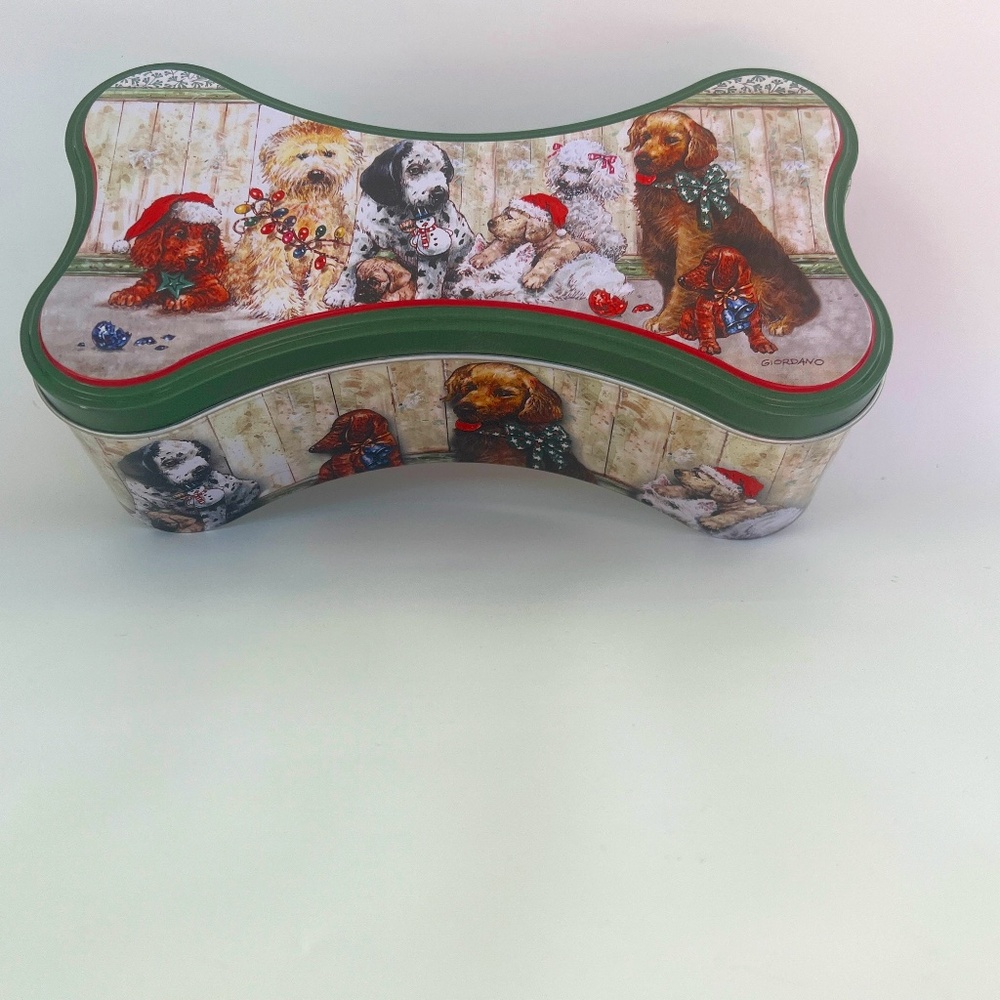 2008 Giordano Studios The Tin Box Company Dog Christmas Bone Shape Empty Tin